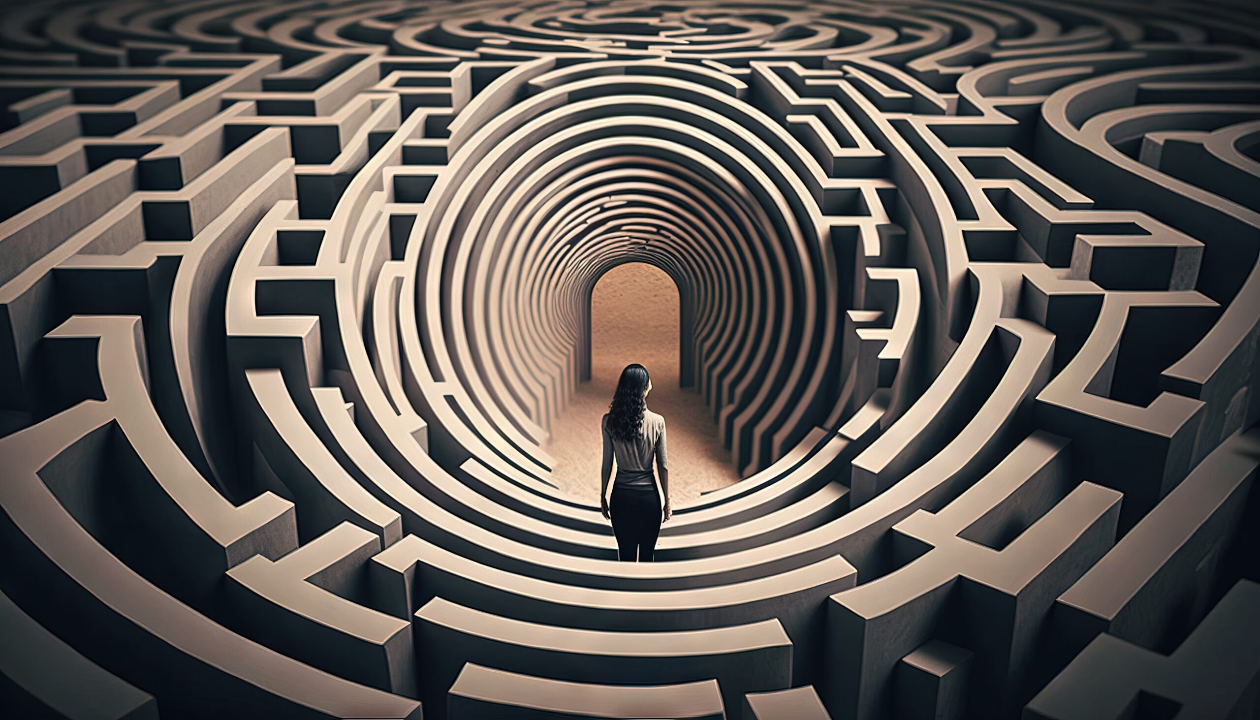 Woman stuck in a maze labyrinth illustration generative ai Woman stuck in a maze labyrinth illustration generative ai